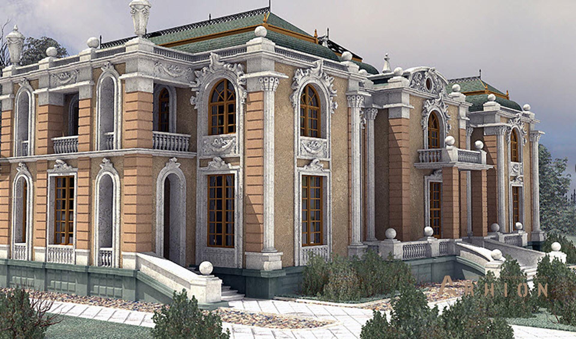 6. Проект двухэтажного дома в дворцовом стиле с многоскатной кровлей, SOV-1, площадью - 1082 кв c цокольным этажом, сауной, балконом, бассейном, вторым светом